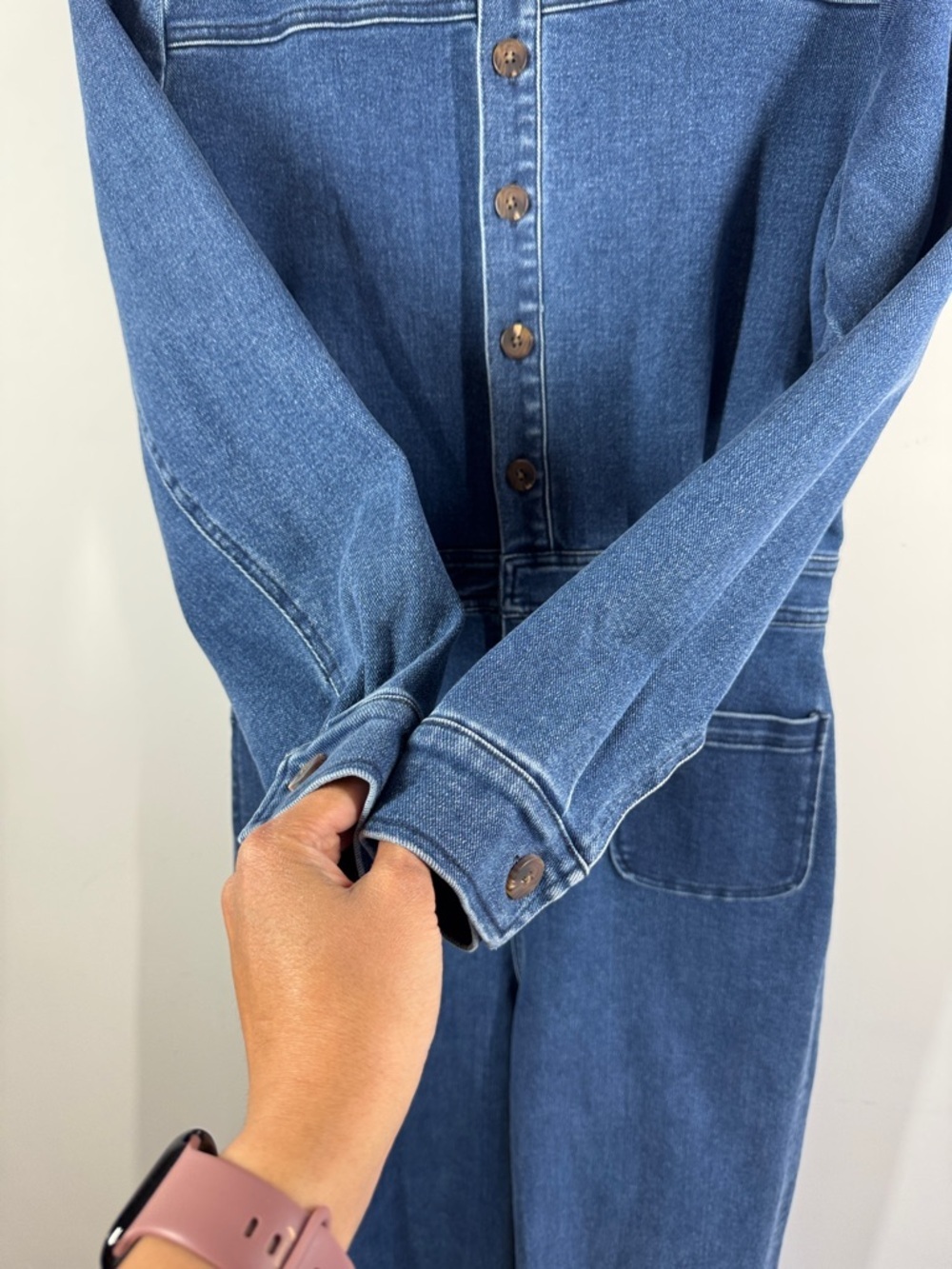 ICHI Denim Jumpsuit Blue Size 36 Wide Leg Button Front Utility Chic Casual - Picture 8 of 15
